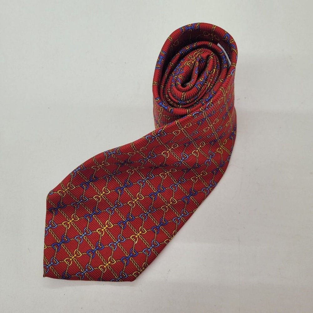 Via‎ Condotti Roma Tie Mens OS Necktie Red Equestrian Chain Print Silk Handmade